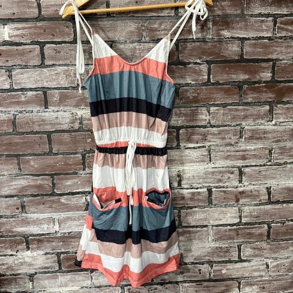 Summer Dress Women XS/S Striped Halter Coral Blue Beach Casual
